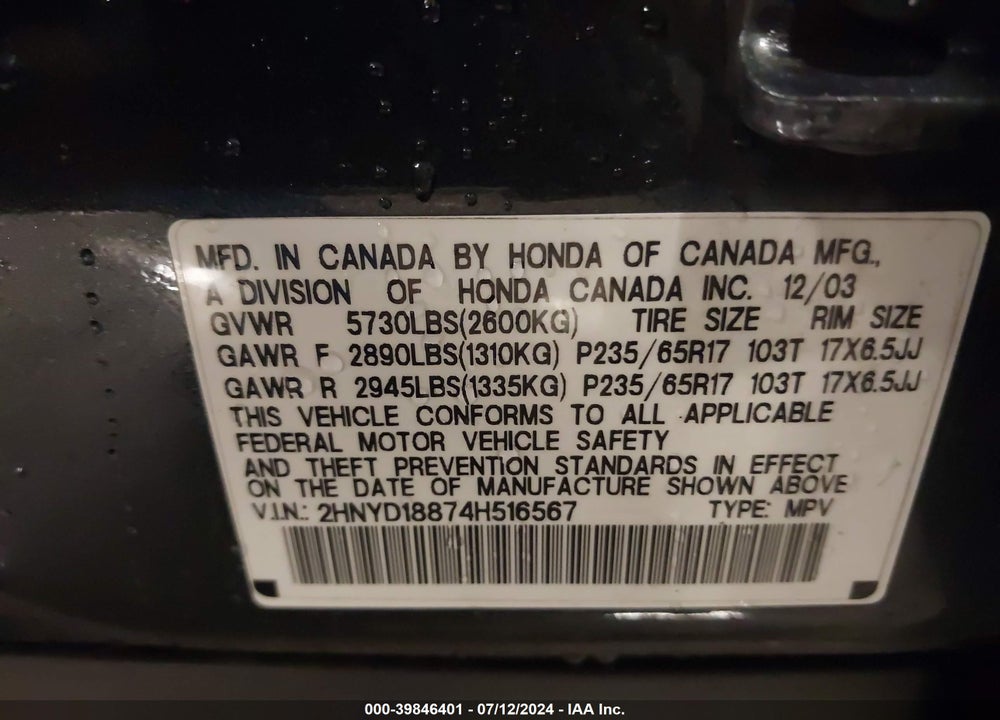 2004 ACURA MDX VIN: 2HNYD18874H516567