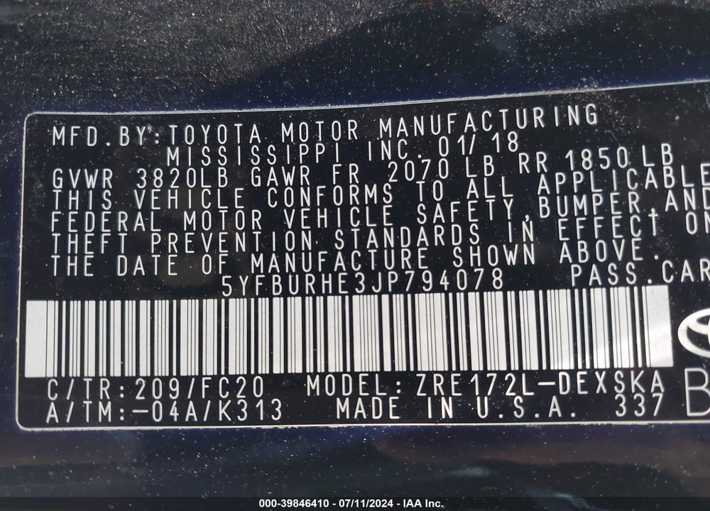 2018 TOYOTA COROLLA SE VIN: 5YFBURHE3JP794078