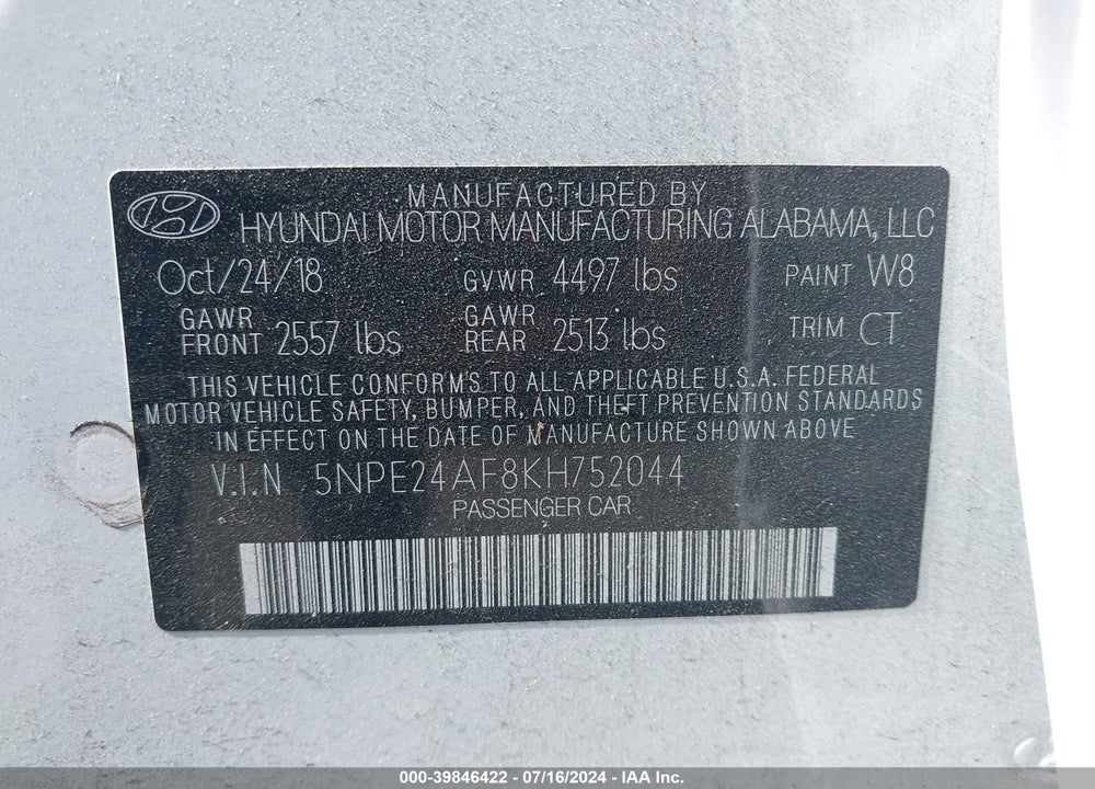 2019 HYUNDAI SONATA SE VIN: 5NPE24AF8KH752044