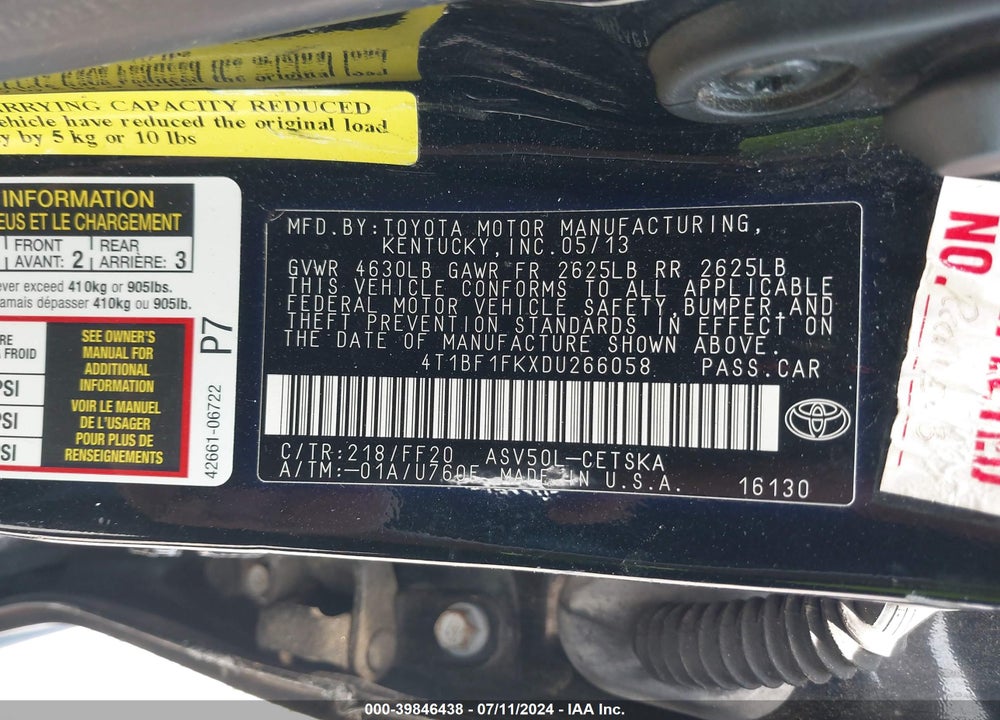 2013 TOYOTA CAMRY SE VIN: 4T1BF1FKXDU266058
