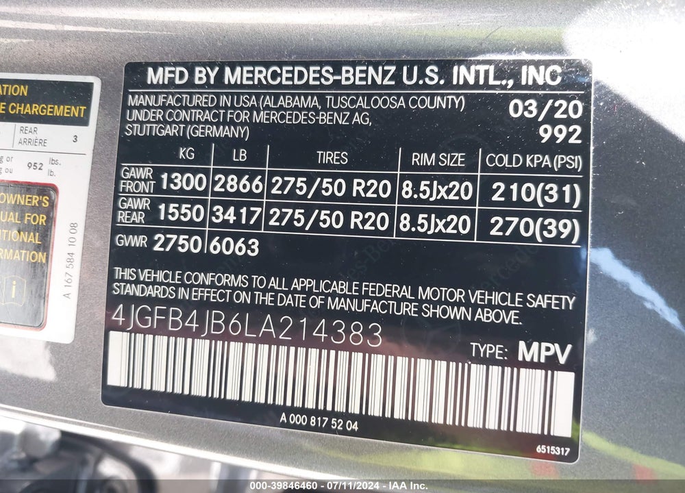 2020 MERCEDES-BENZ GLE 350 VIN: 4JGFB4JB6LA214383