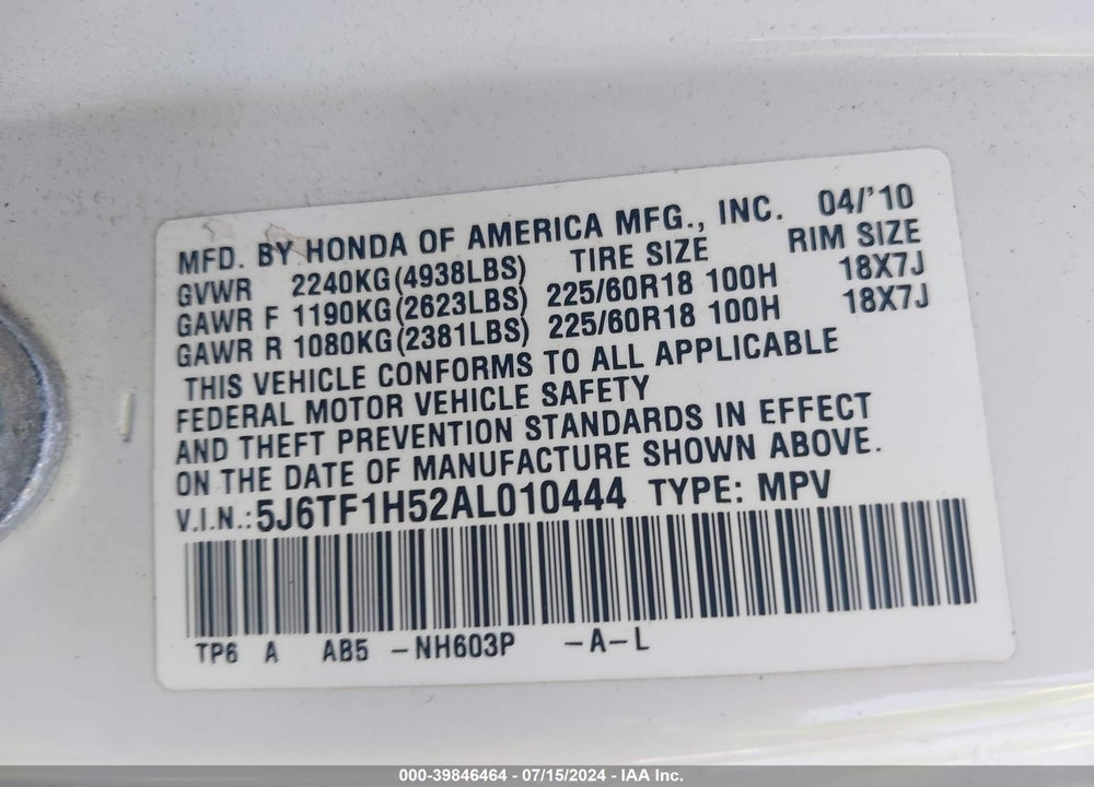 2010 HONDA ACCORD CROSSTOUR EX-L VIN: 5J6TF1H52AL010444
