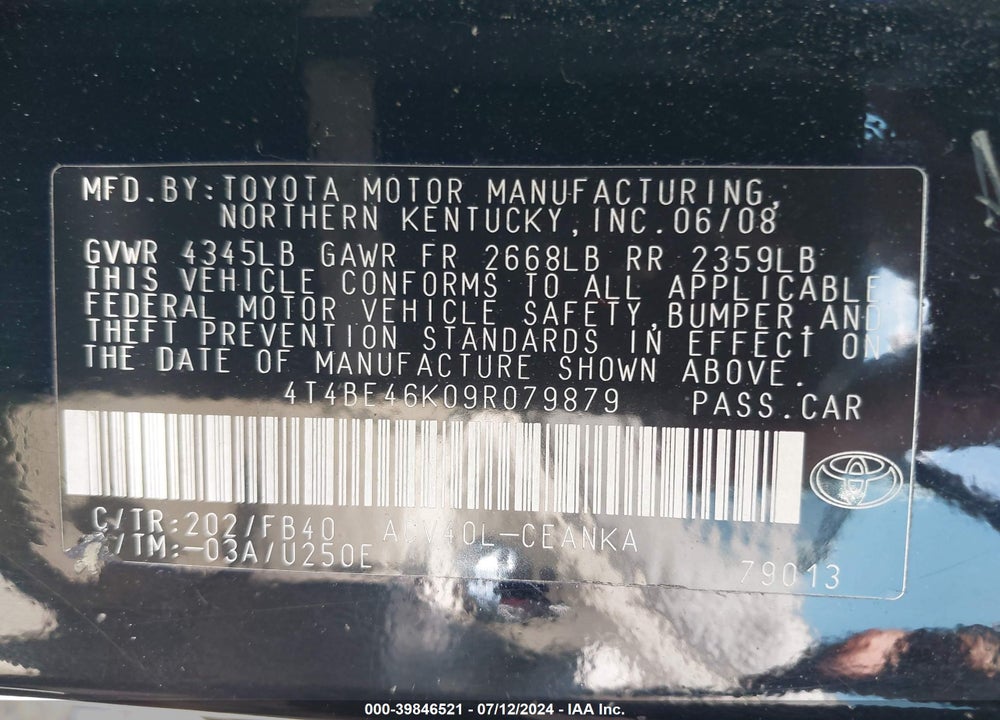 2009 TOYOTA CAMRY LE VIN: 4T4BE46K09R079879