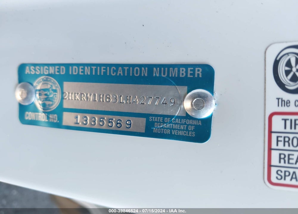 2020 HONDA CR-V 2WD EX-L VIN: 2HKRW1H83LH427749