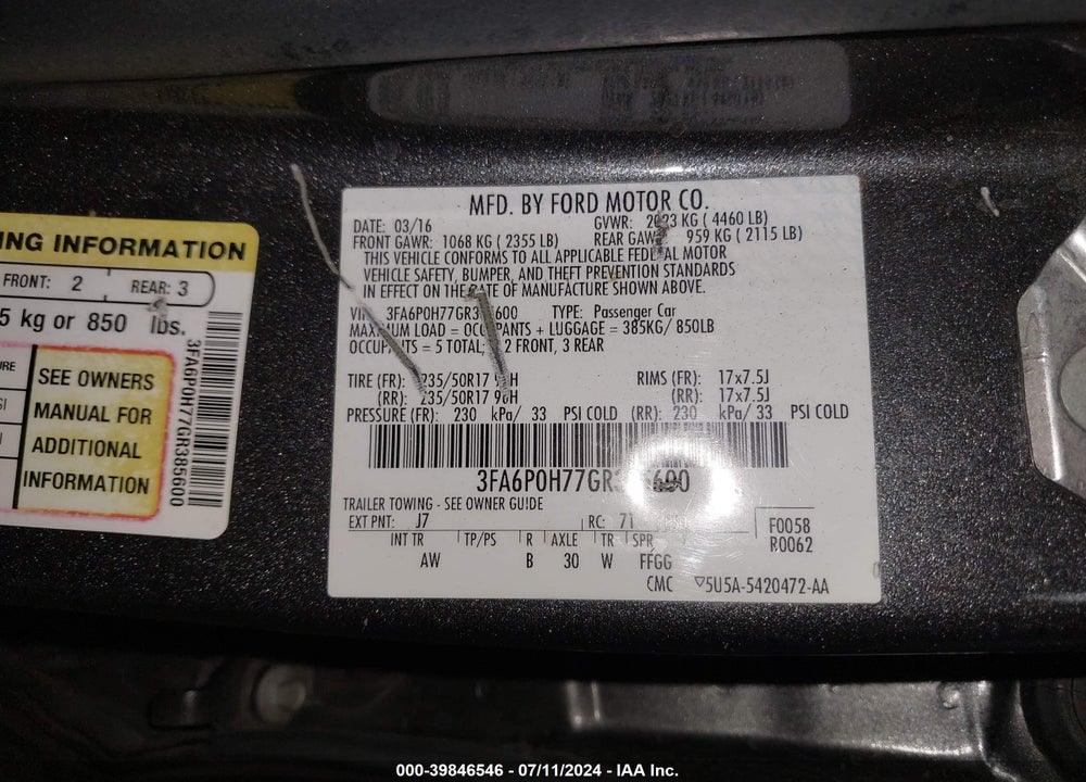 2016 FORD FUSION SE VIN: 3FA6P0H77GR385600