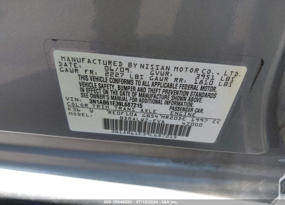 2009 NISSAN SENTRA 2.0 VIN: 3N1AB61E39L687215
