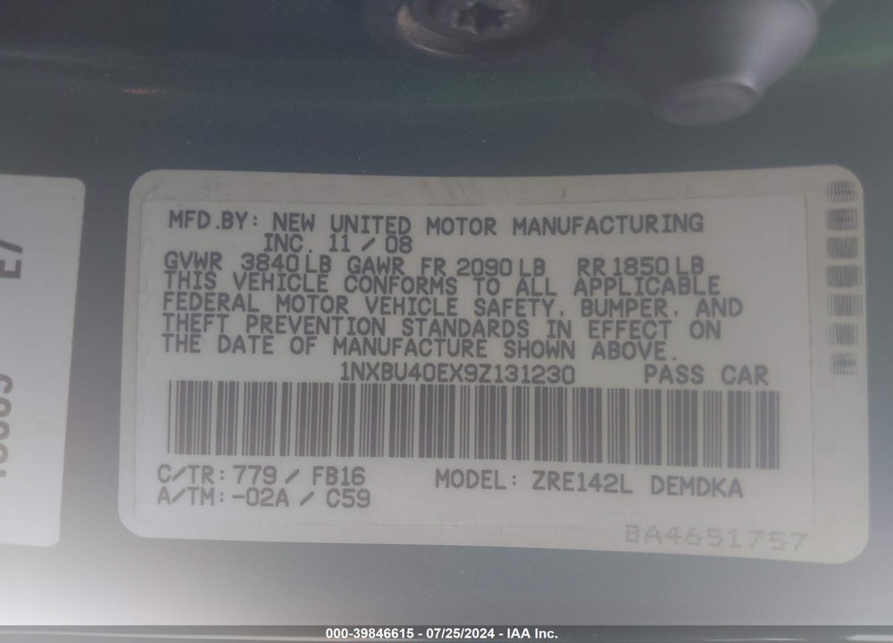 2009 TOYOTA COROLLA VIN: 1NXBU40EX9Z131230