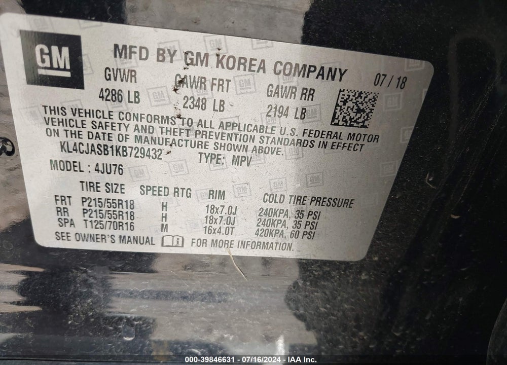 2019 BUICK ENCORE FWD PREFERRED VIN: KL4CJASB1KB729432