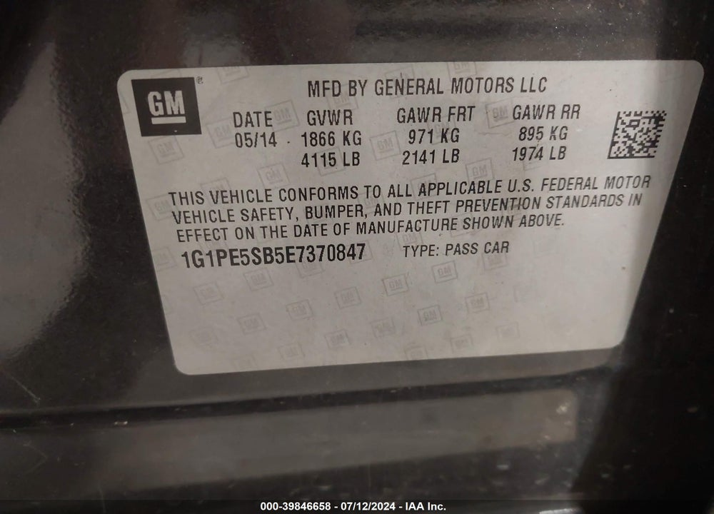 2014 CHEVROLET CRUZE 2LT AUTO VIN: 1G1PE5SB5E7370847
