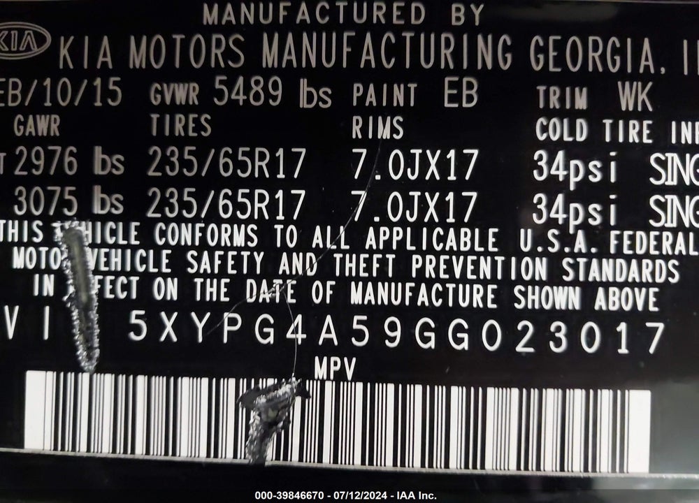 2016 KIA SORENTO 3.3L LX VIN: 5XYPG4A59GG023017