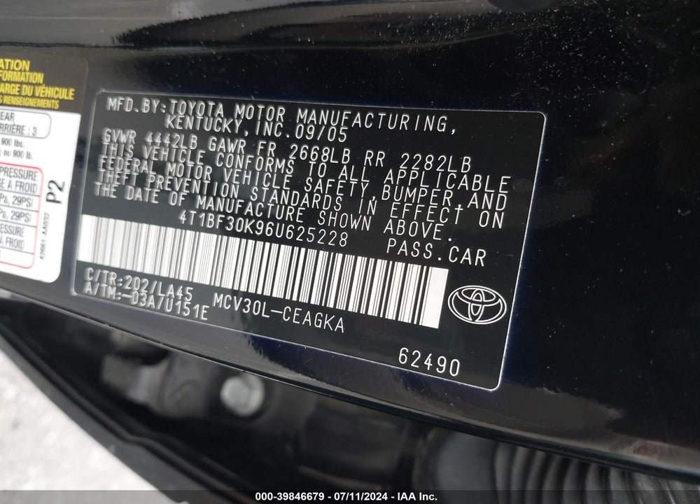2006 TOYOTA CAMRY XLE V6 VIN: 4T1BF30K96U625228