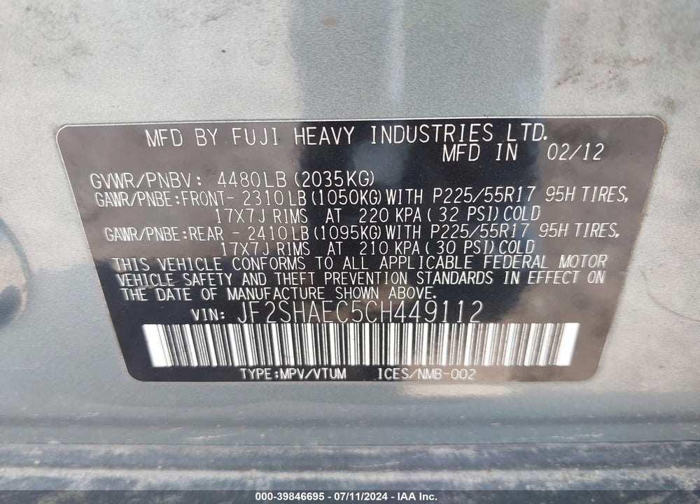 2012 SUBARU FORESTER VIN: JF2SHAEC5CH449112