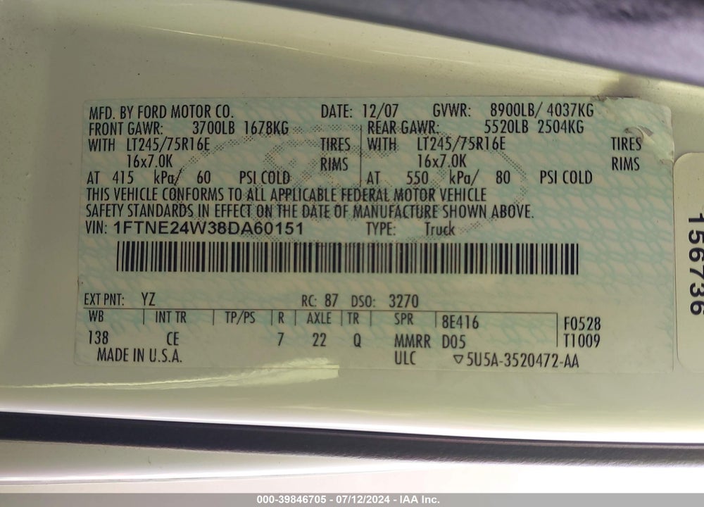 2008 FORD E-250 COMMERCIAL/RECREATIONAL VIN: 1FTNE24W38DA60151
