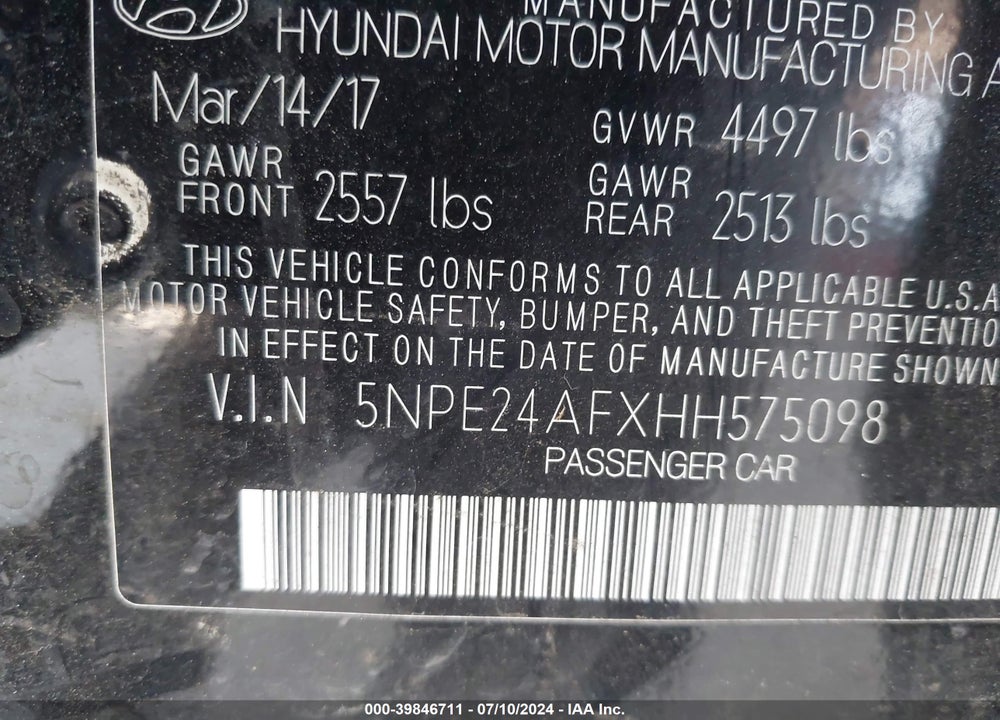 2017 HYUNDAI SONATA VIN: 5NPE24AFXHH575098