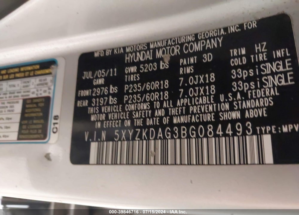 2011 HYUNDAI SANTA FE LIMITED V6 VIN: 5XYZKDAG3BG084493