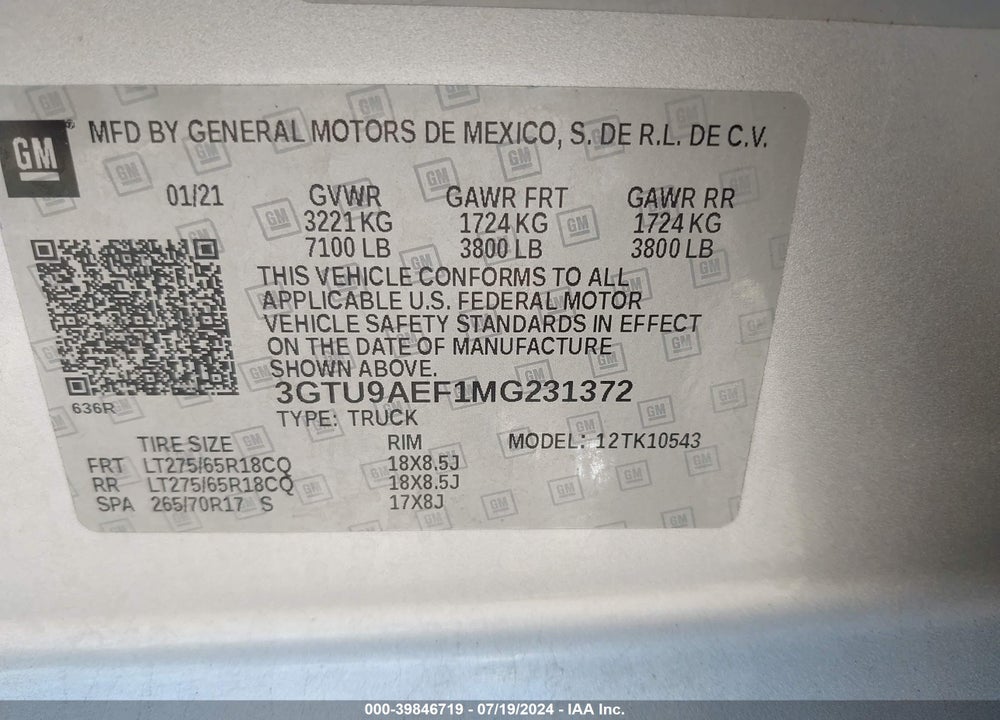 2021 GMC SIERRA 1500 VIN: 3GTU9AEF1MG231372