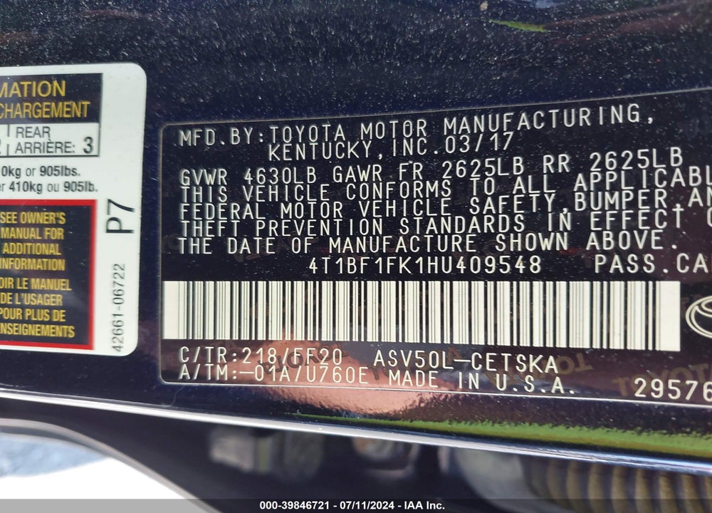 2017 TOYOTA CAMRY SE VIN: 4T1BF1FK1HU409548