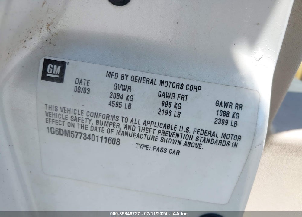 2004 CADILLAC CTS STANDARD VIN: 1G6DM577340111608