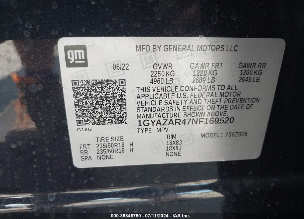 2022 CADILLAC XT4 FWD LUXURY VIN: 1GYAZAR47NF169520