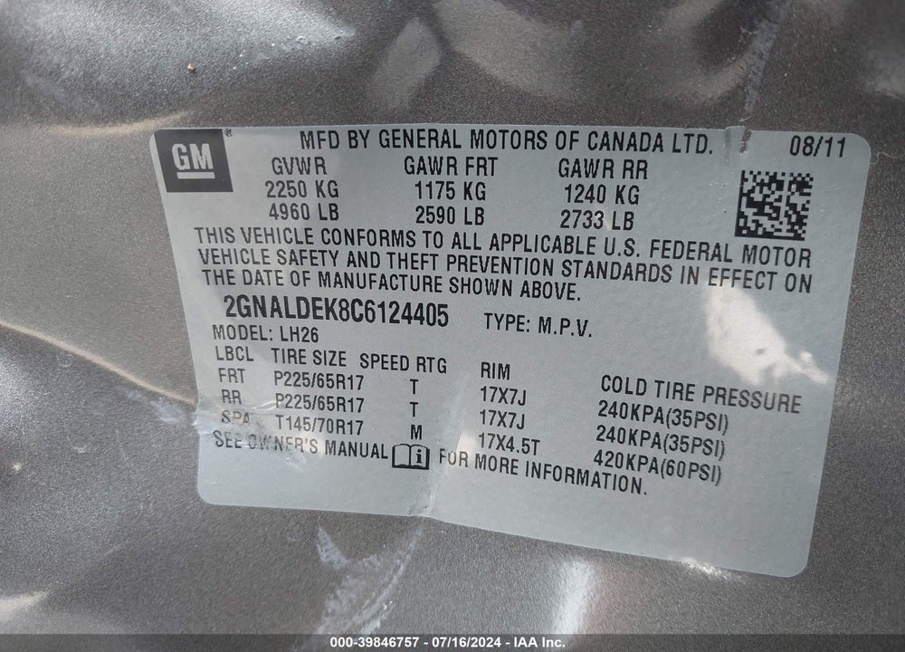 2012 CHEVROLET EQUINOX 1LT VIN: 2GNALDEK8C6124405