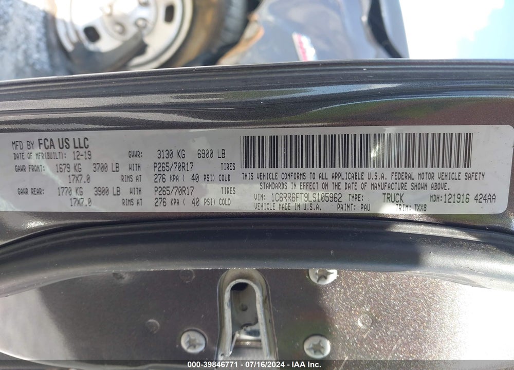 2020 RAM 1500 CLASSIC VIN: 1C6RR6FT9LS105962