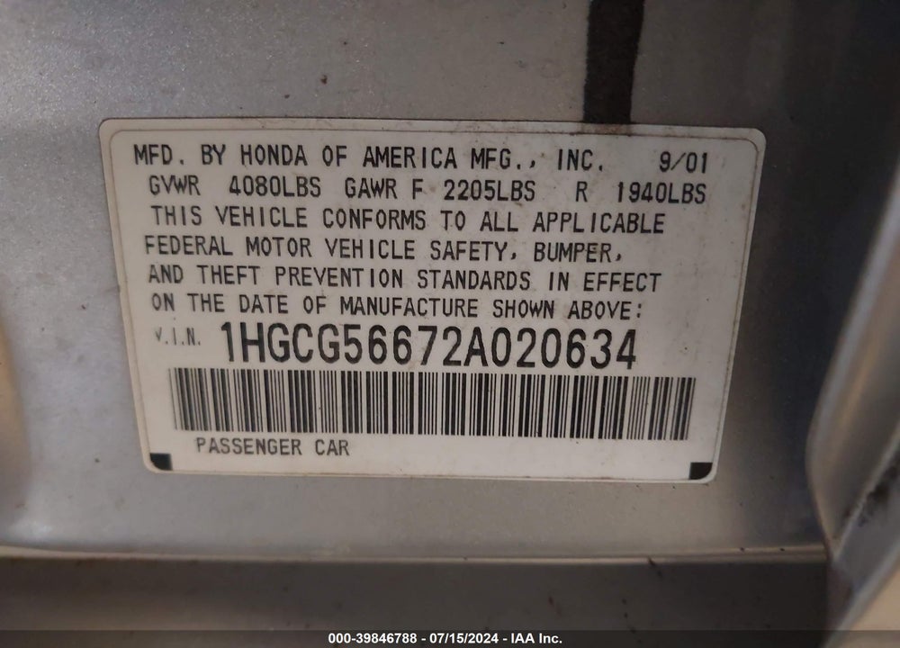 2002 HONDA ACCORD 2.3 EX VIN: 1HGCG56672A020634