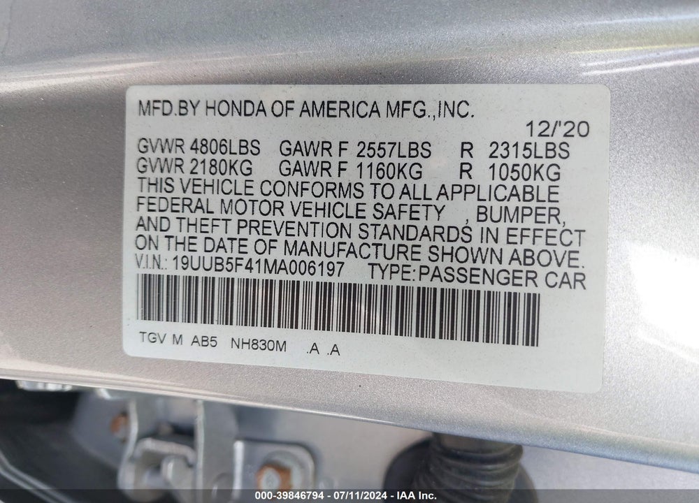 2021 ACURA TLX TECHNOLOGY PACKAGE VIN: 19UUB5F41MA006197