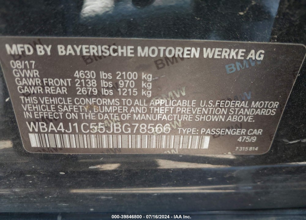 2018 BMW 430I GRAN COUPE VIN: WBA4J1C55JBG78566