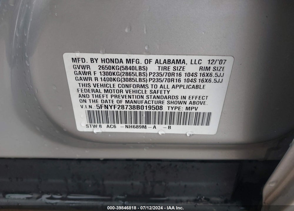 2008 HONDA PILOT EX-L VIN: 5FNYF28738B019508