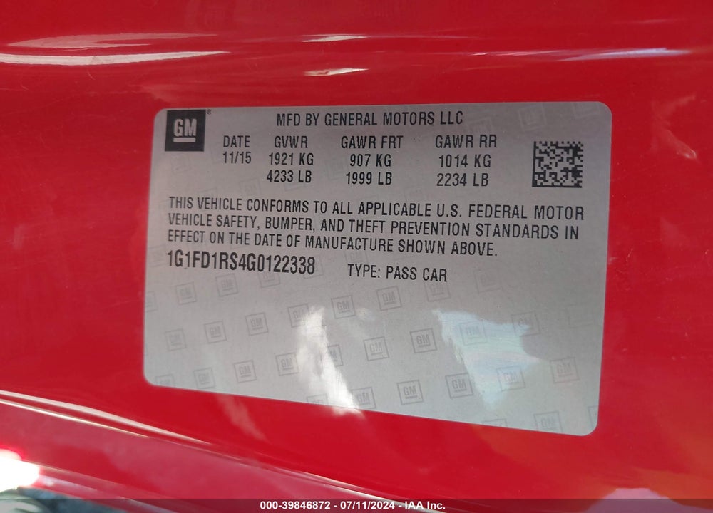 2016 CHEVROLET CAMARO 2LT VIN: 1G1FD1RS4G0122338