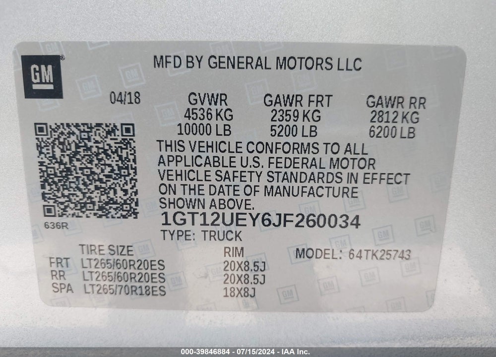 2018 GMC SIERRA 2500HD DENALI VIN: 1GT12UEY6JF260034