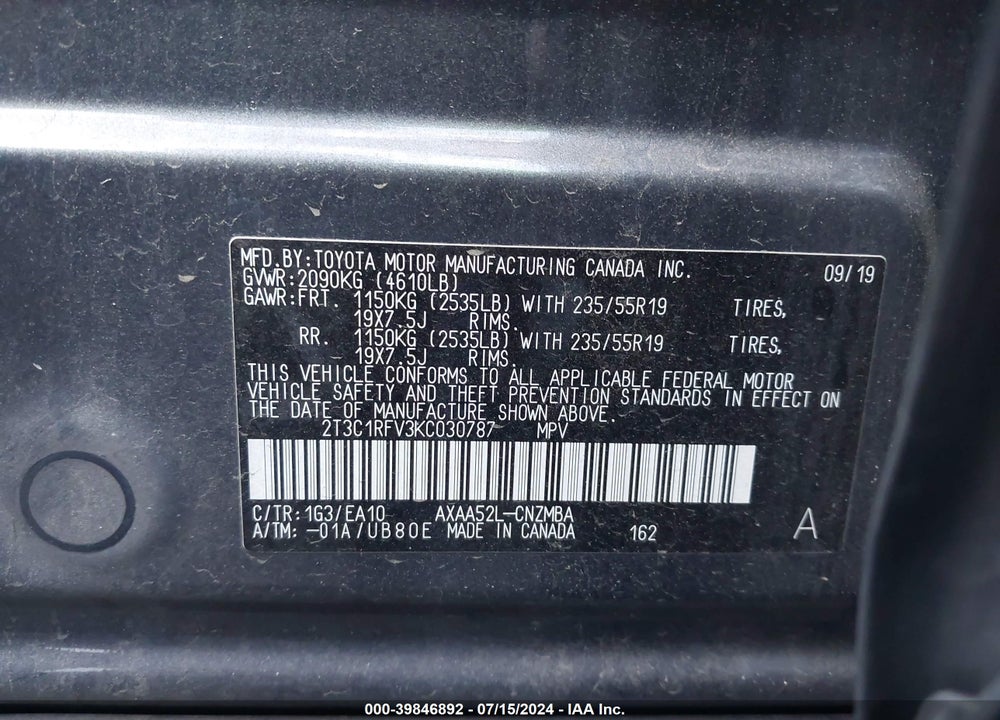 2019 TOYOTA RAV4 XLE PREMIUM VIN: 2T3C1RFV3KC030787