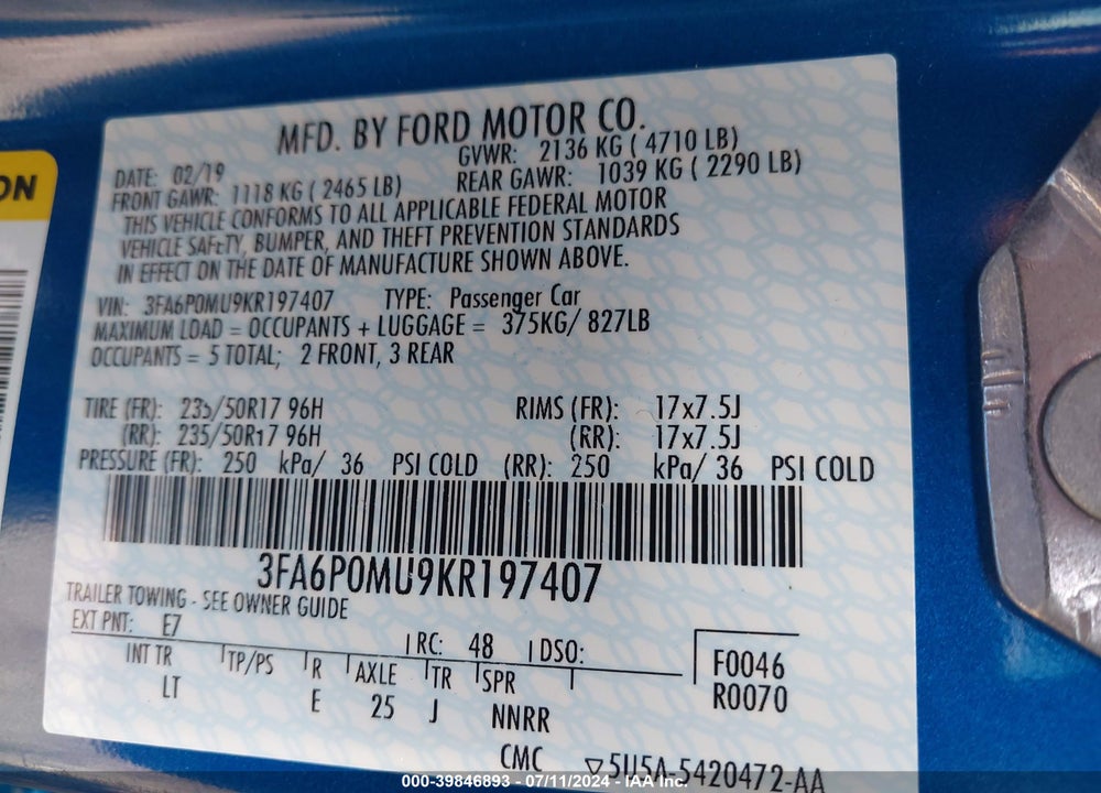 2019 FORD FUSION HYBRID VIN: 3FA6P0MU9KR197407