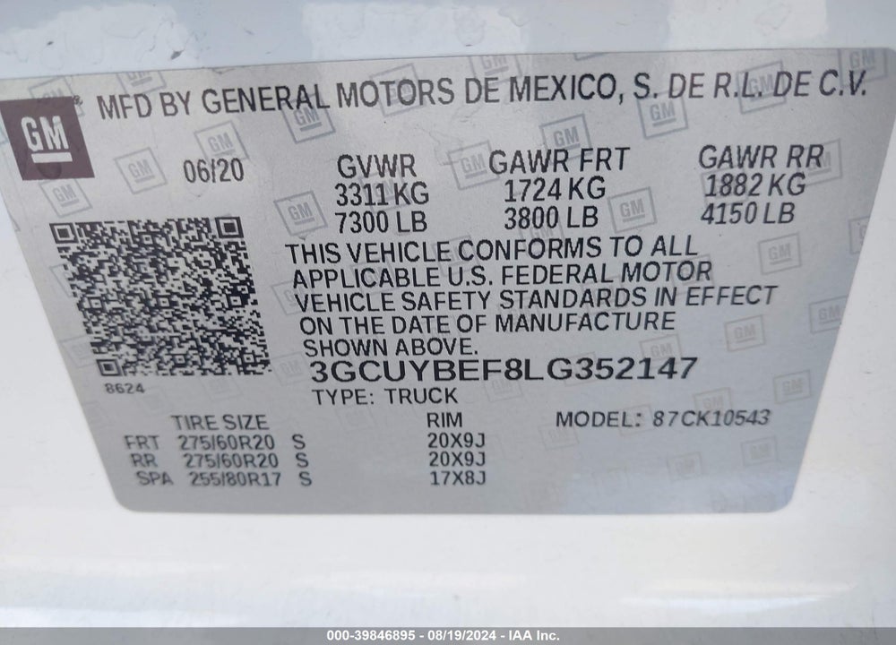 2020 CHEVROLET SILVERADO 1500 VIN: 3GCUYBEF8LG352147
