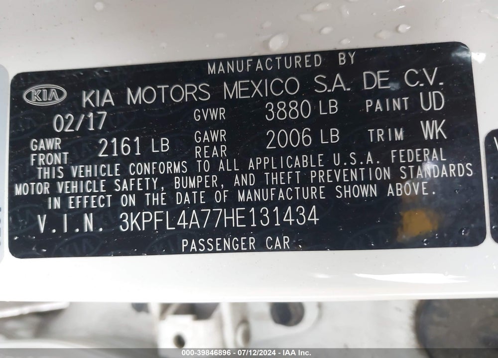 2017 KIA FORTE S VIN: 3KPFL4A77HE131434
