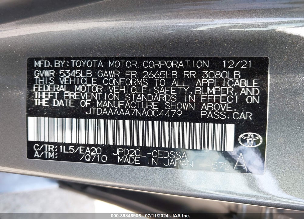 2022 TOYOTA MIRAI XLE VIN: JTDAAAAA7NA004479