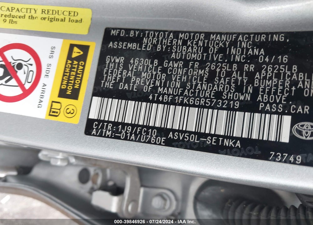 2016 TOYOTA CAMRY LE/SE/XLE/XSE VIN: 4T4BF1FK6GR573219