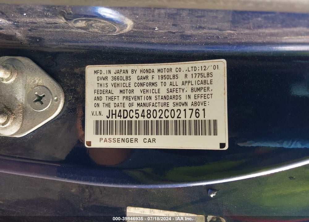 2002 ACURA RSX VIN: JH4DC54802C021761