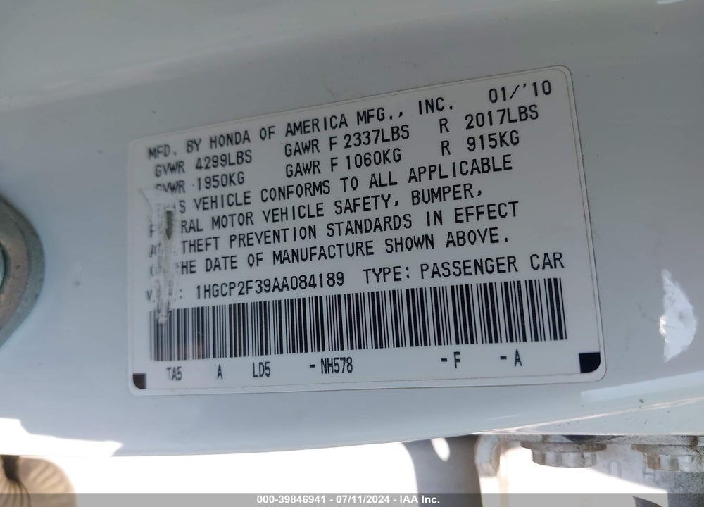 2010 HONDA ACCORD 2.4 LX VIN: 1HGCP2F39AA084189