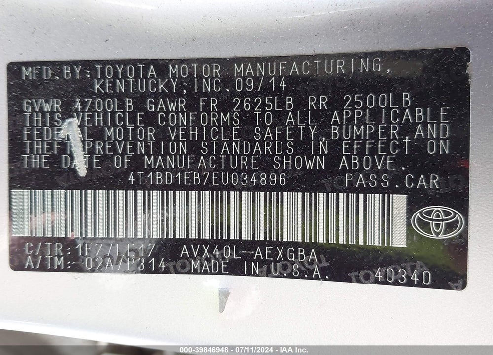 2014 TOYOTA AVALON HYBRID XLE TOURING VIN: 4T1BD1EB7EU034896