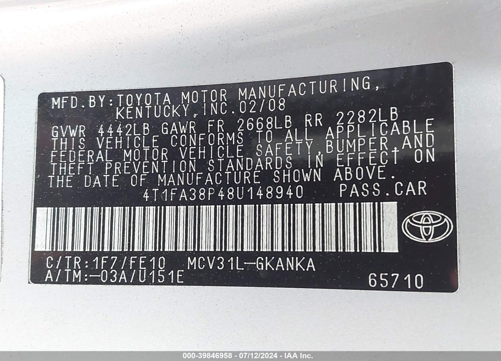 2008 TOYOTA CAMRY SOLARA SE VIN: 4T1FA38P48U148940