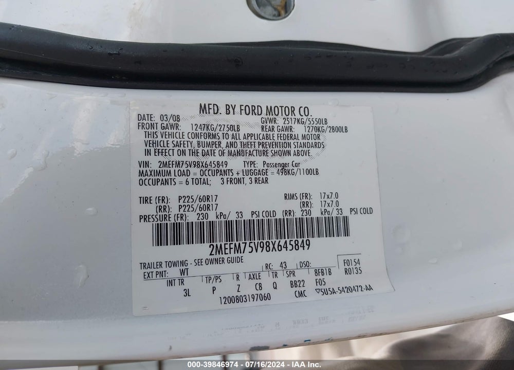2008 MERCURY GRAND MARQUIS LS VIN: 2MEFM75V98X645849