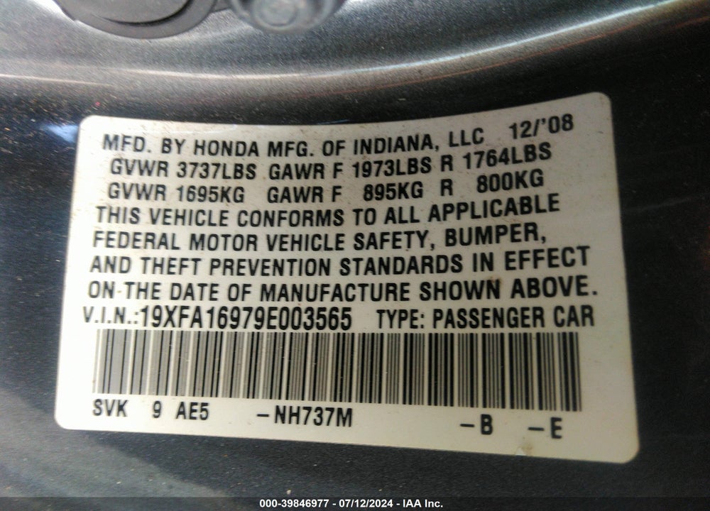 2009 HONDA CIVIC EX-L VIN: 19XFA16979E003565