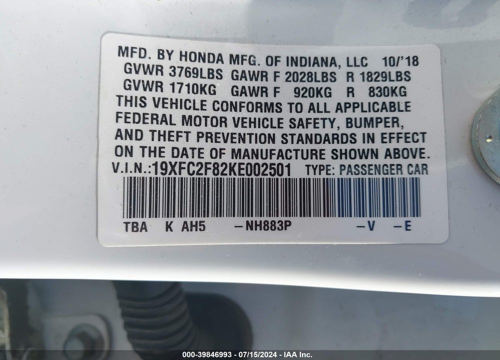 2019 HONDA CIVIC SPORT VIN: 19XFC2F82KE002501