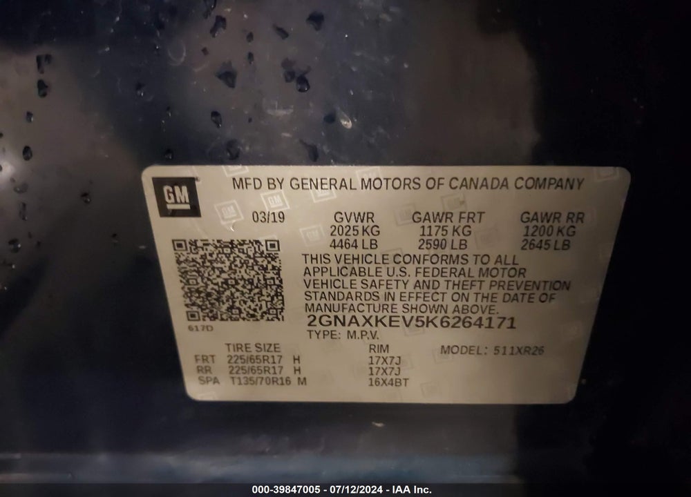2019 CHEVROLET EQUINOX LT VIN: 2GNAXKEV5K6264171