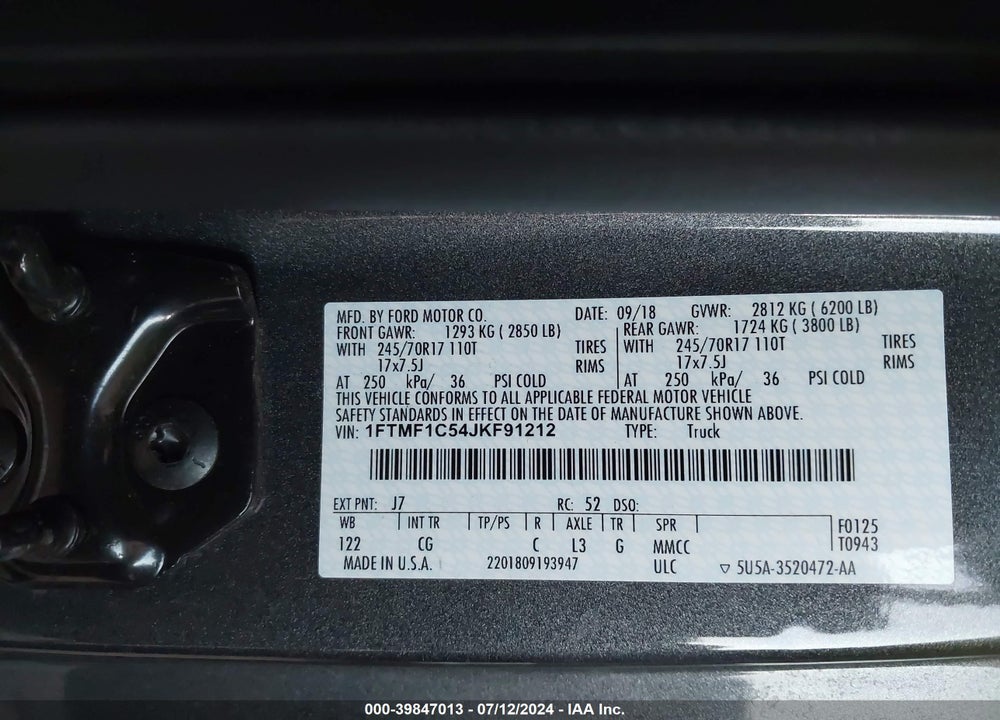 2018 FORD F-150 XL VIN: 1FTMF1C54JKF91212
