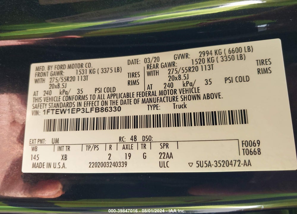 2020 FORD F-150 XLT VIN: 1FTEW1EP3LFB86330