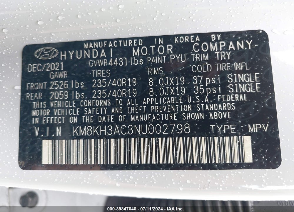 2022 HYUNDAI KONA N VIN: KM8KH3AC3NU002798