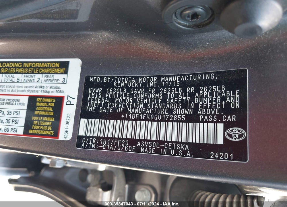 2016 TOYOTA CAMRY SE VIN: 4T1BF1FK9GU172855