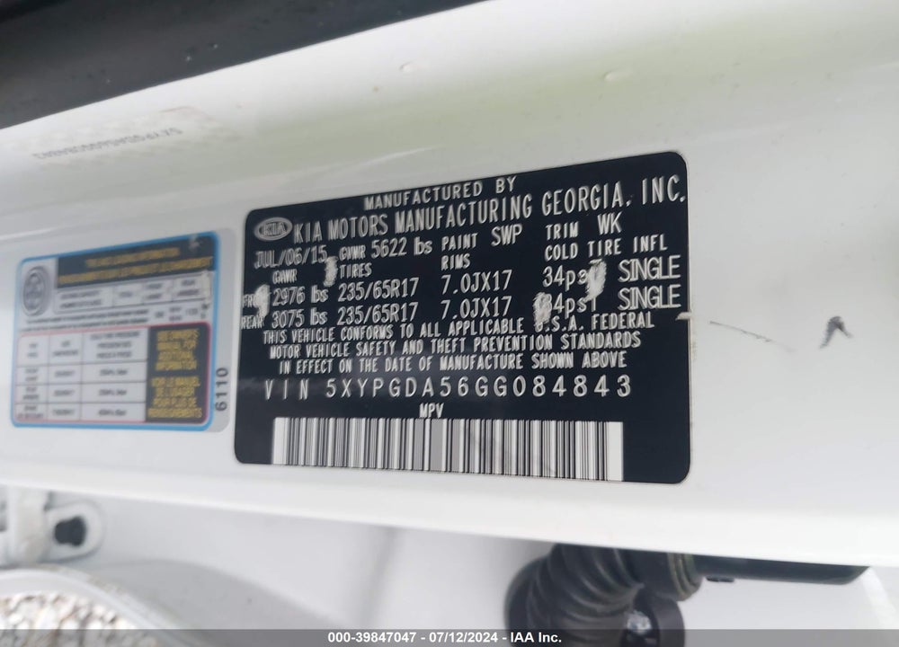 2016 KIA SORENTO 3.3L LX VIN: 5XYPGDA56GG084843